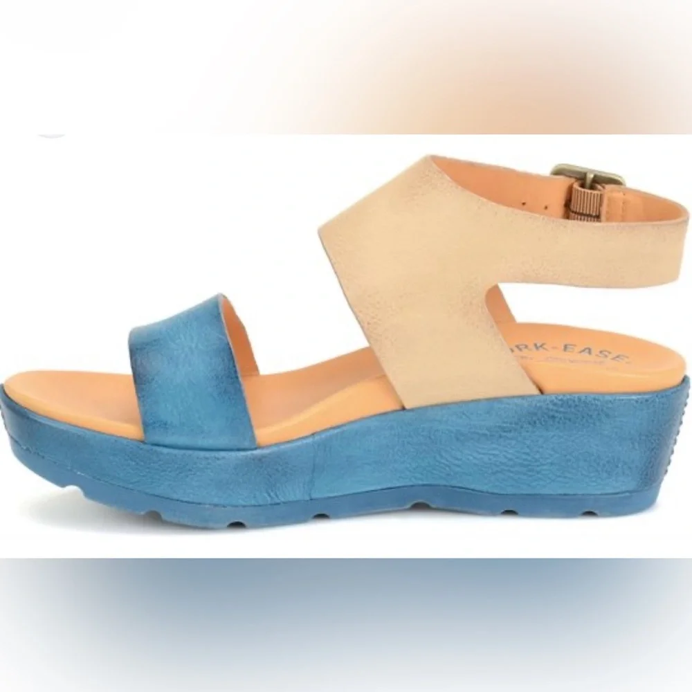 Kork-Ease leather wedge teal blue platform strap buckle sandals 8m